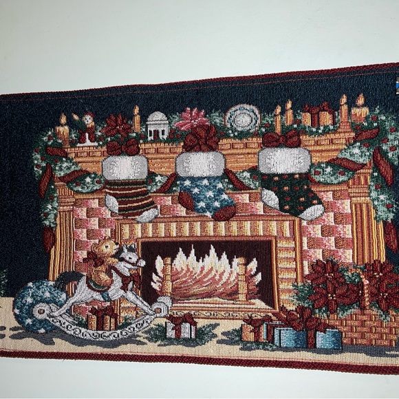 Holiday Table Runner Fireplace with Stockings Rockinghorse 70” Long 12” wide - Picture 4 of 11